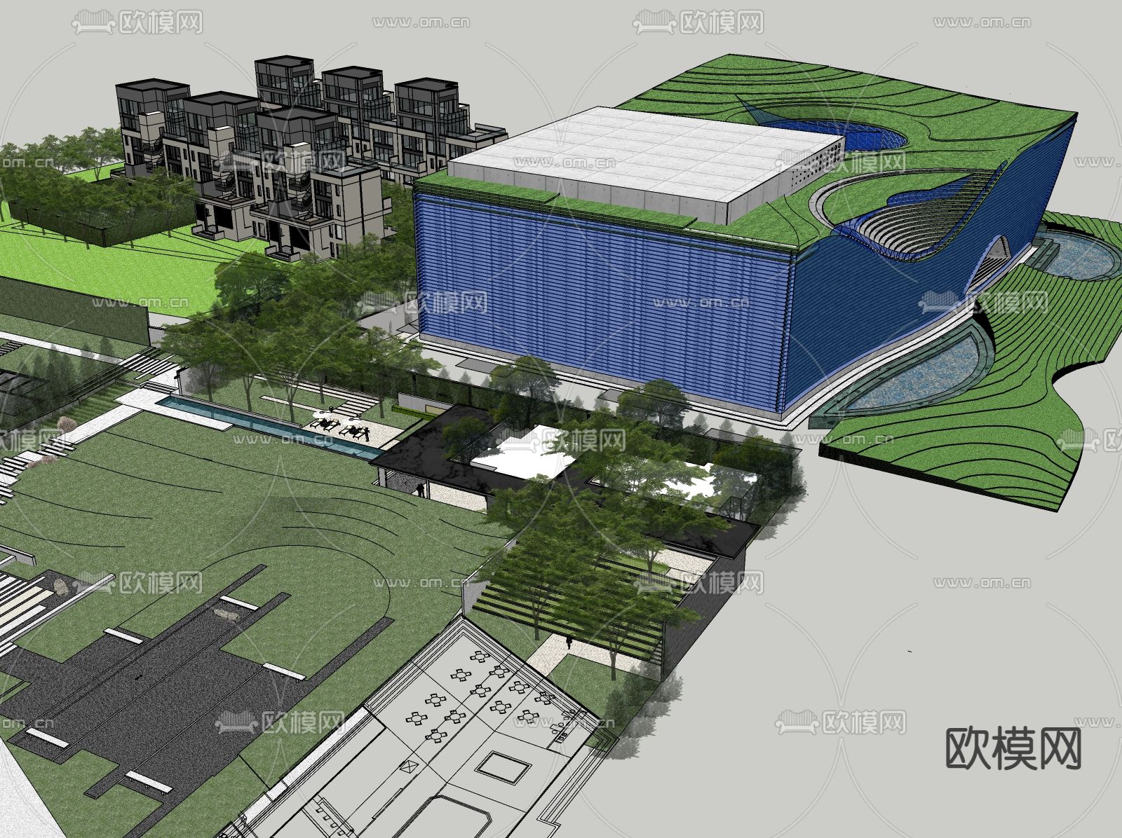 现代展览馆建筑外观su模型下载（渲染图1）