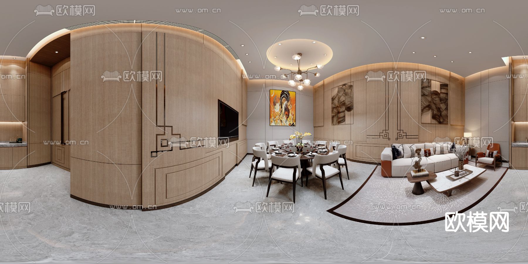 新中式酒店餐厅包房vr全景3d模型-免费3dmax模型库-欧模网