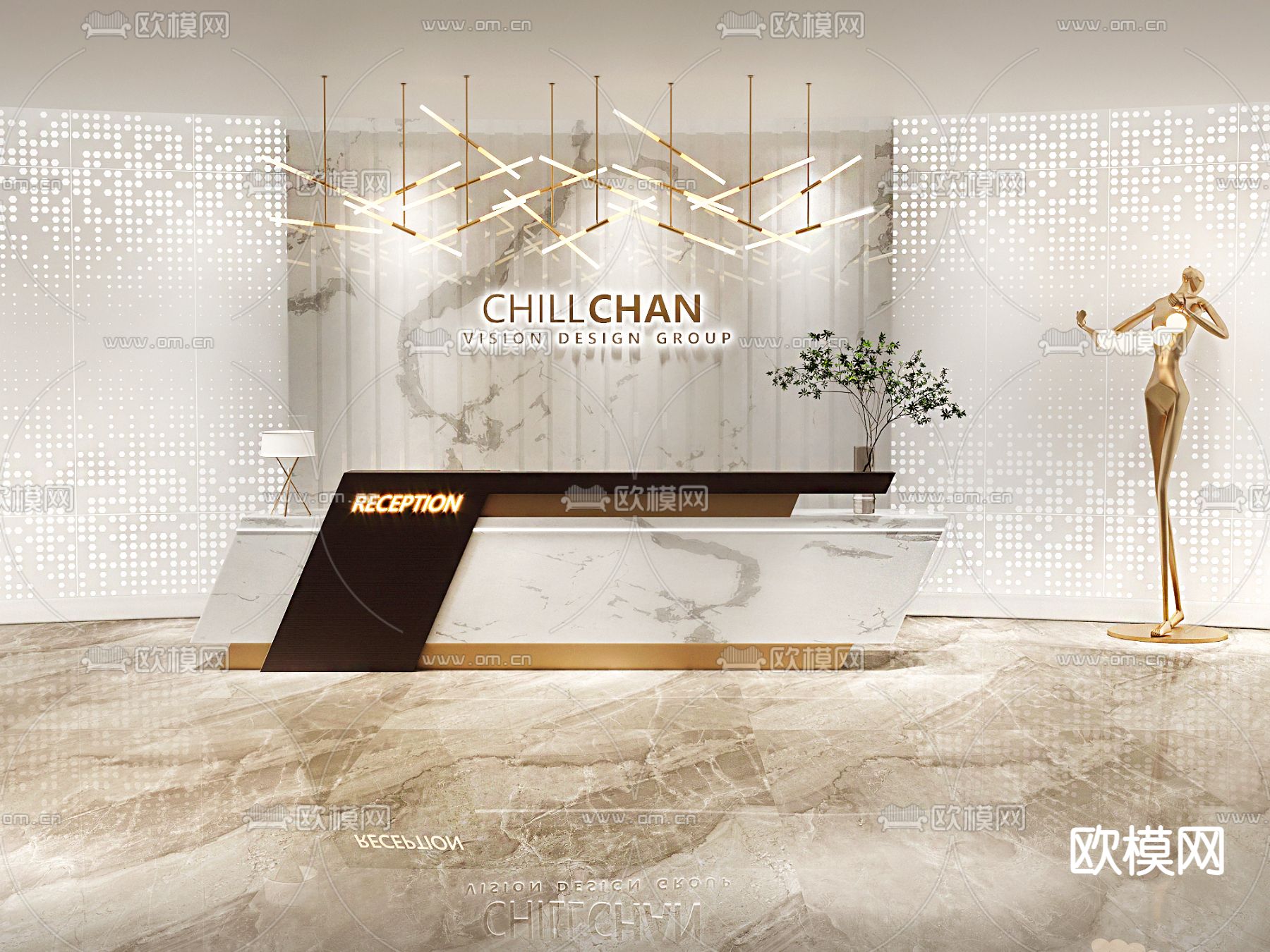 现代轻奢公司前厅接待台3d模型下载