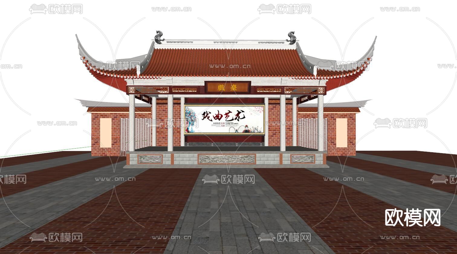 中式戏台古建su模型下载