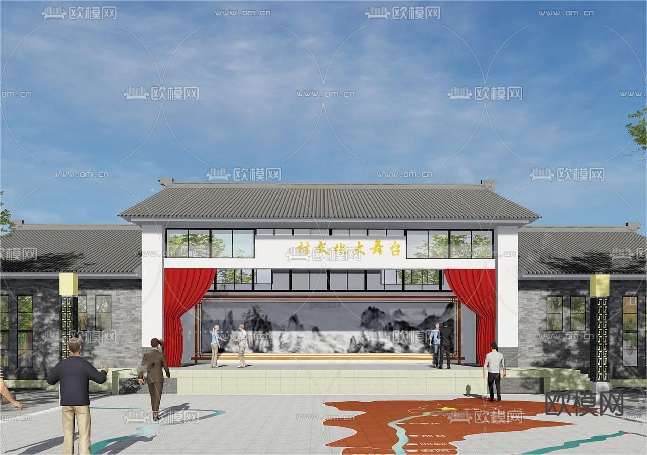 中式乡村戏台社区活动中心su模型下载（渲染图1）