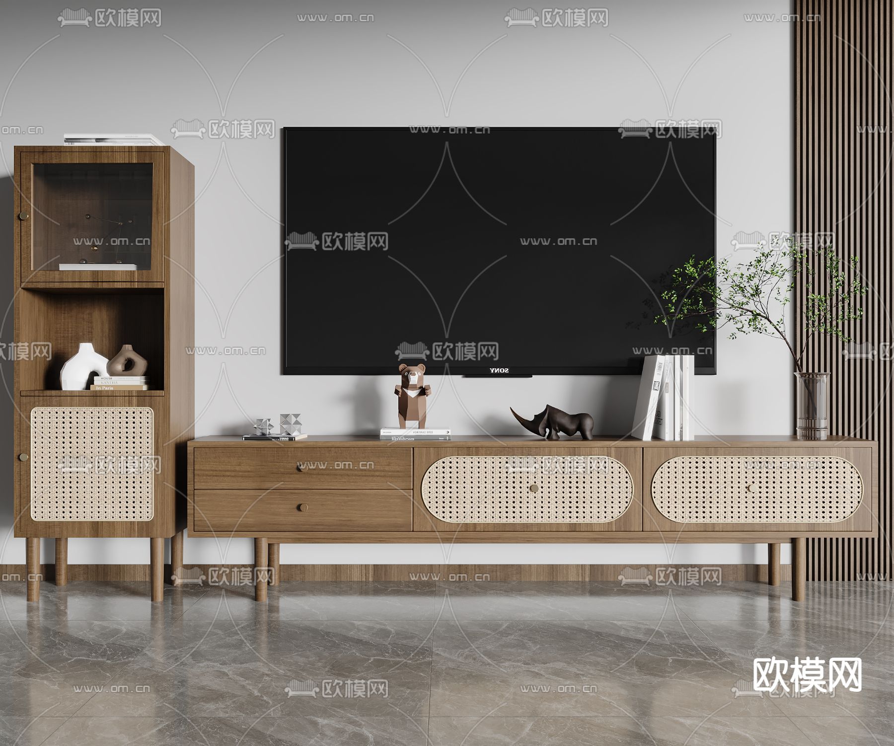 北欧风实木电视柜边柜组合3d模型下载