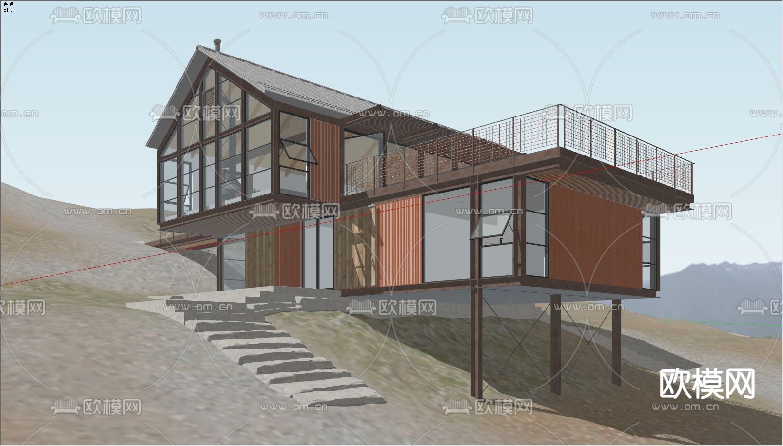 现代民宿山间别墅外观su模型下载（渲染图5）