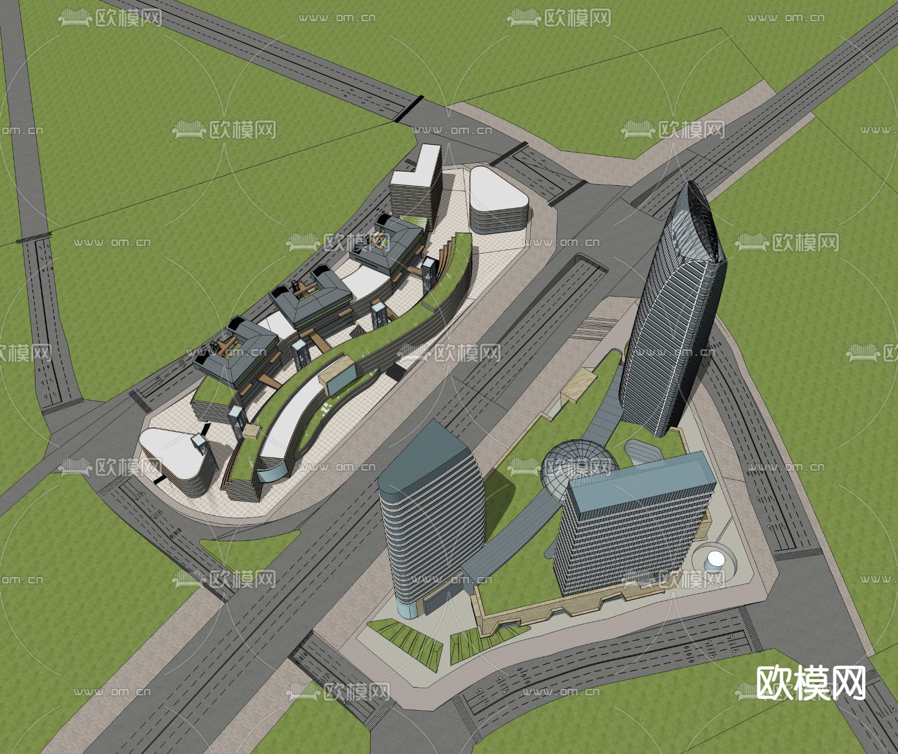 现代高层商业办公楼鸟瞰su模型下载（渲染图3）