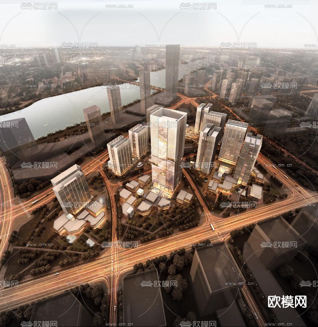 现代北京通州商务办公楼鸟瞰su模型下载（渲染图3）