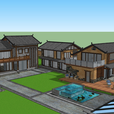 中式古建民宿外观su模型 
