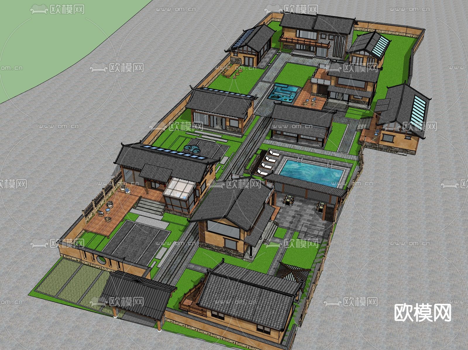 中式古建民宿外观su模型下载（渲染图4）
