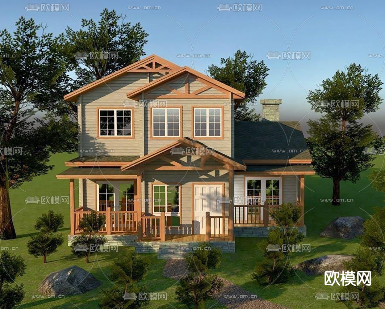 简美别墅外观su模型下载