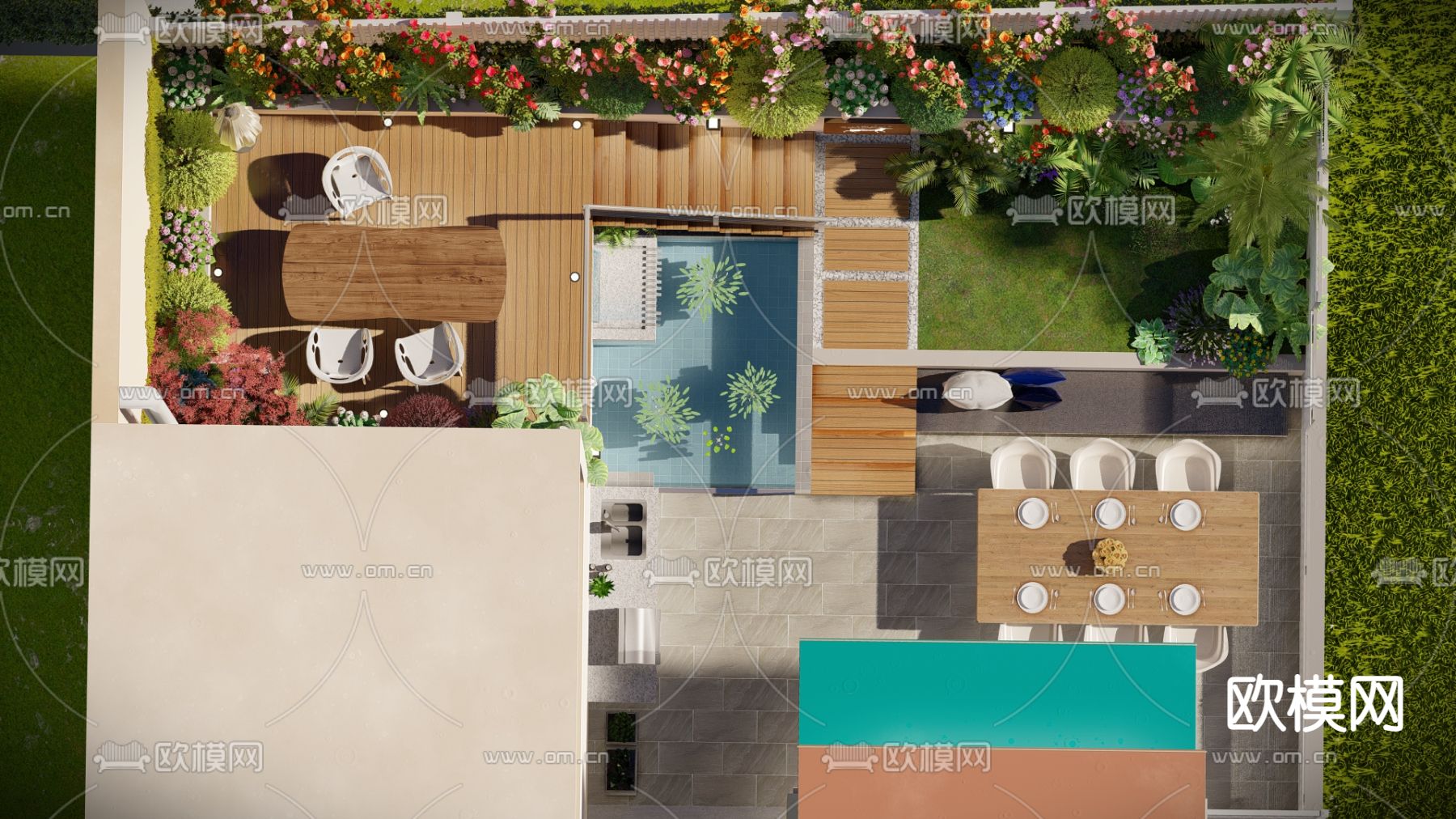 现代跃层阳台花园su模型下载（渲染图1）