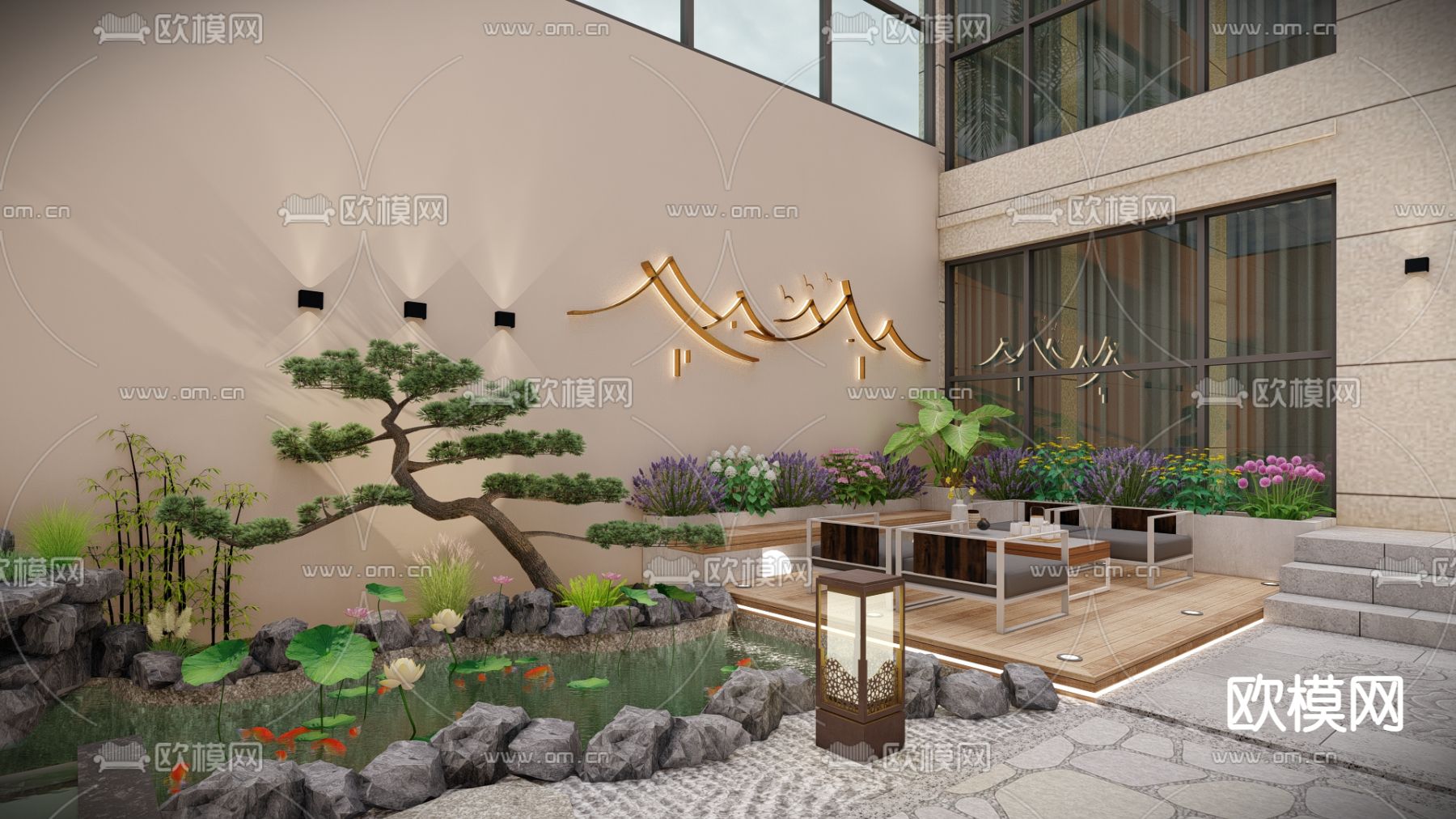 新中式阳光房庭院花园su模型下载（渲染图1）