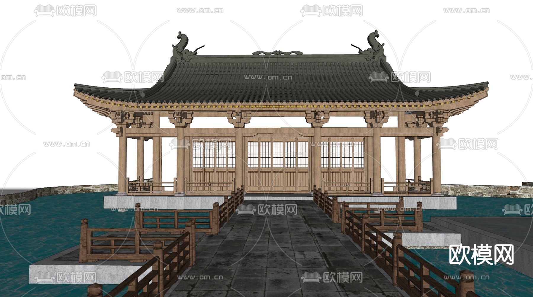 中式古建筑祠堂su模型下载（渲染图2）