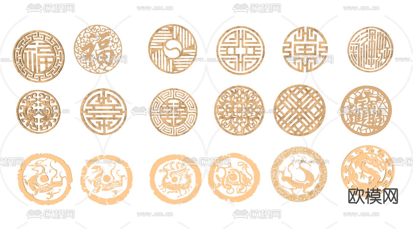 中式圆形花格镂花窗雕花构件su模型下载（渲染图2）