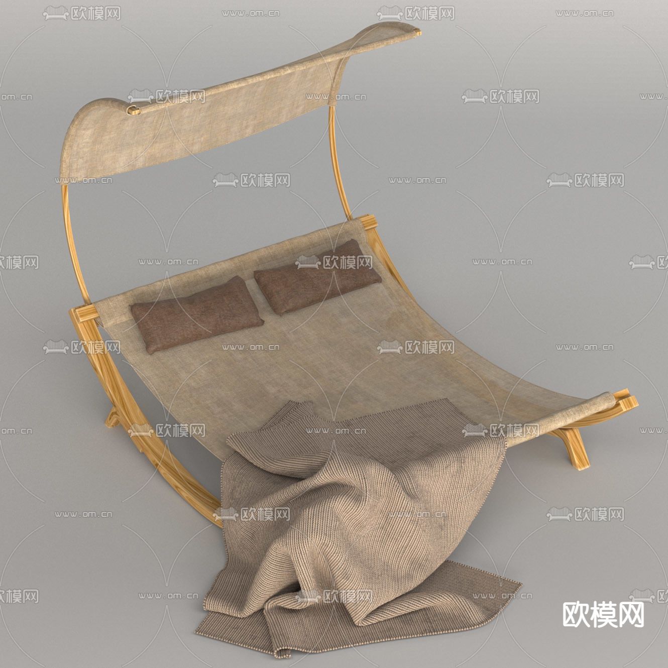 北欧简约实木布艺户外双人躺椅免费3d模型下载