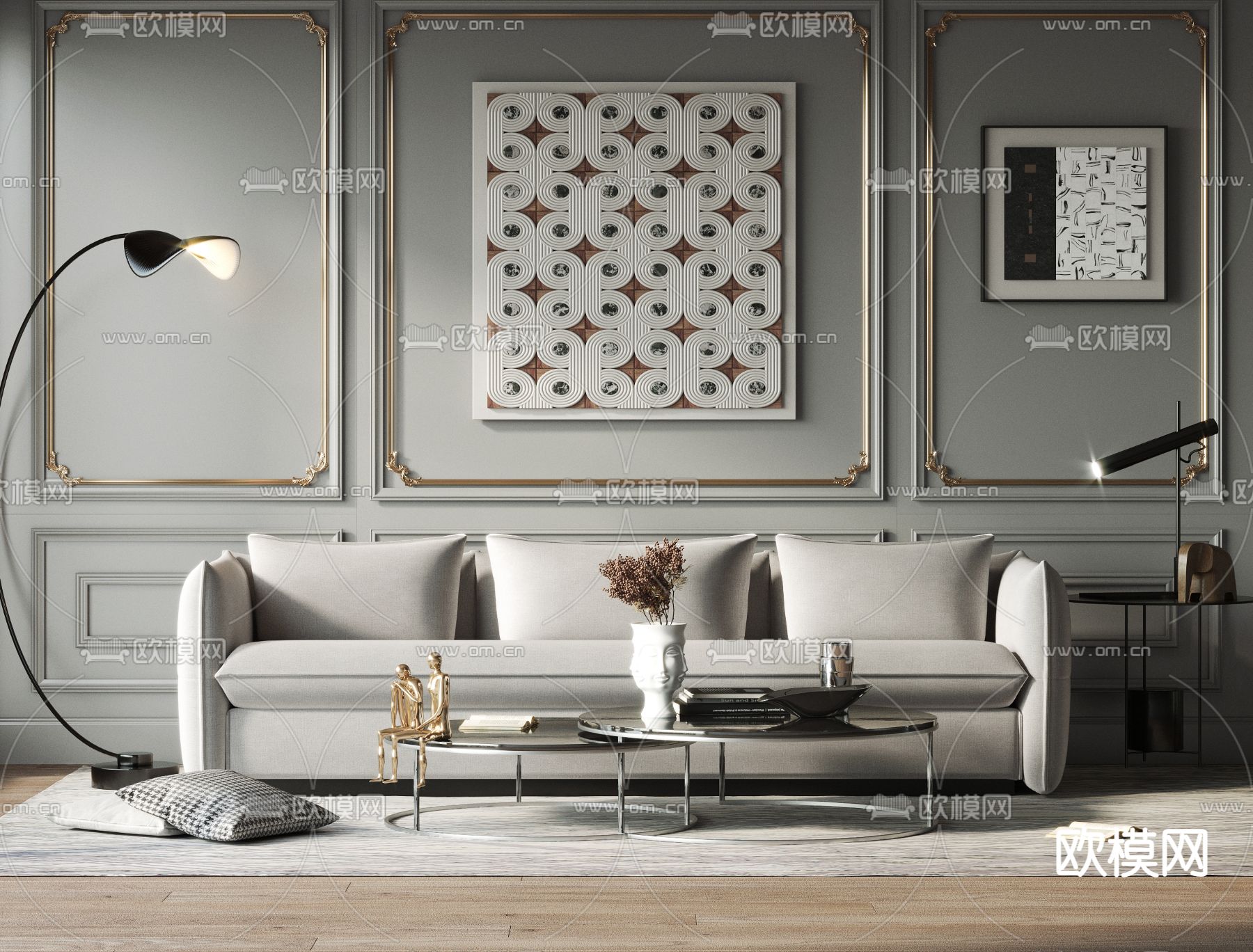 简欧布艺多人沙发 三人沙发3d模型下载