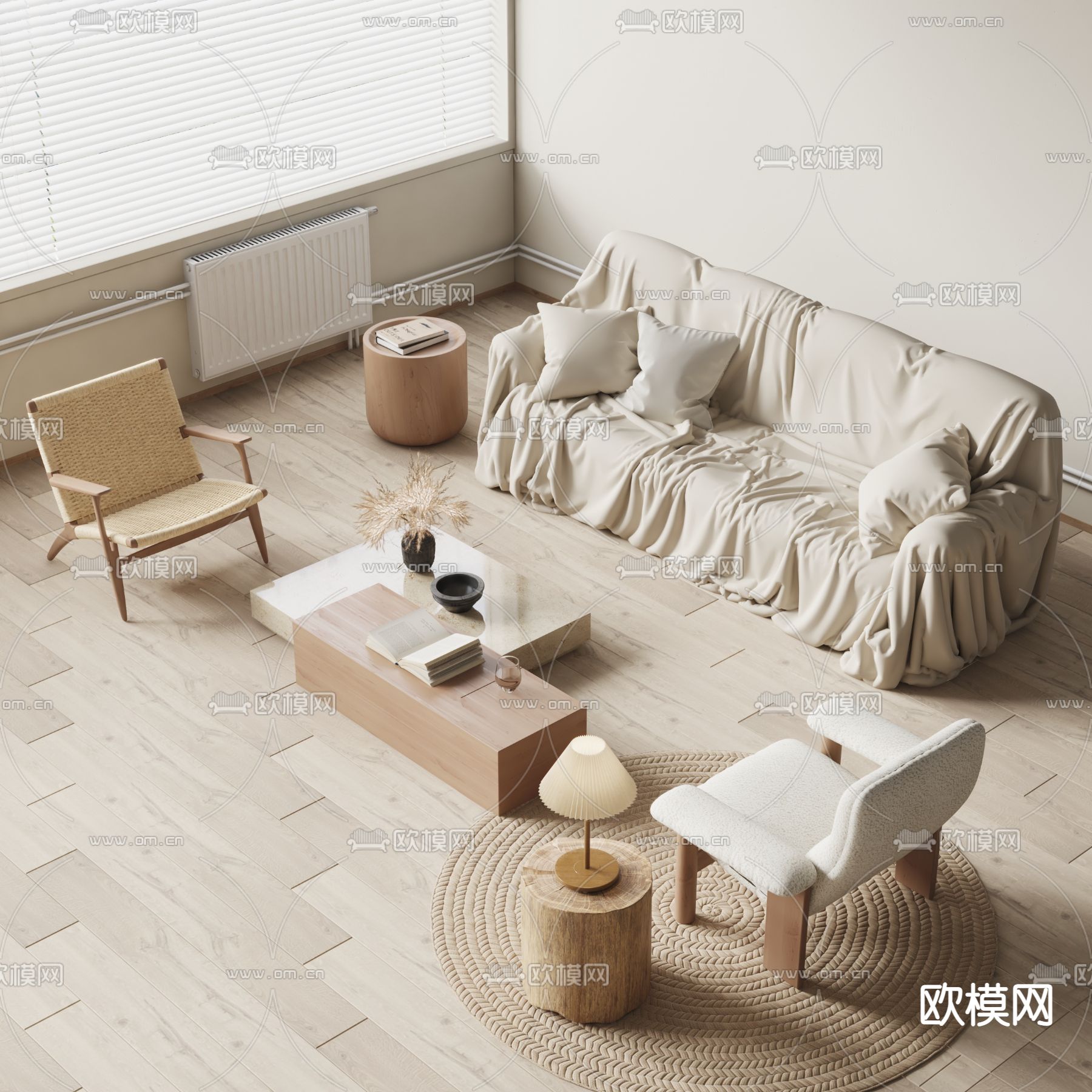 侘寂奶油风组合沙发3d模型下载_ID12040409_3dmax免费模型-欧模网