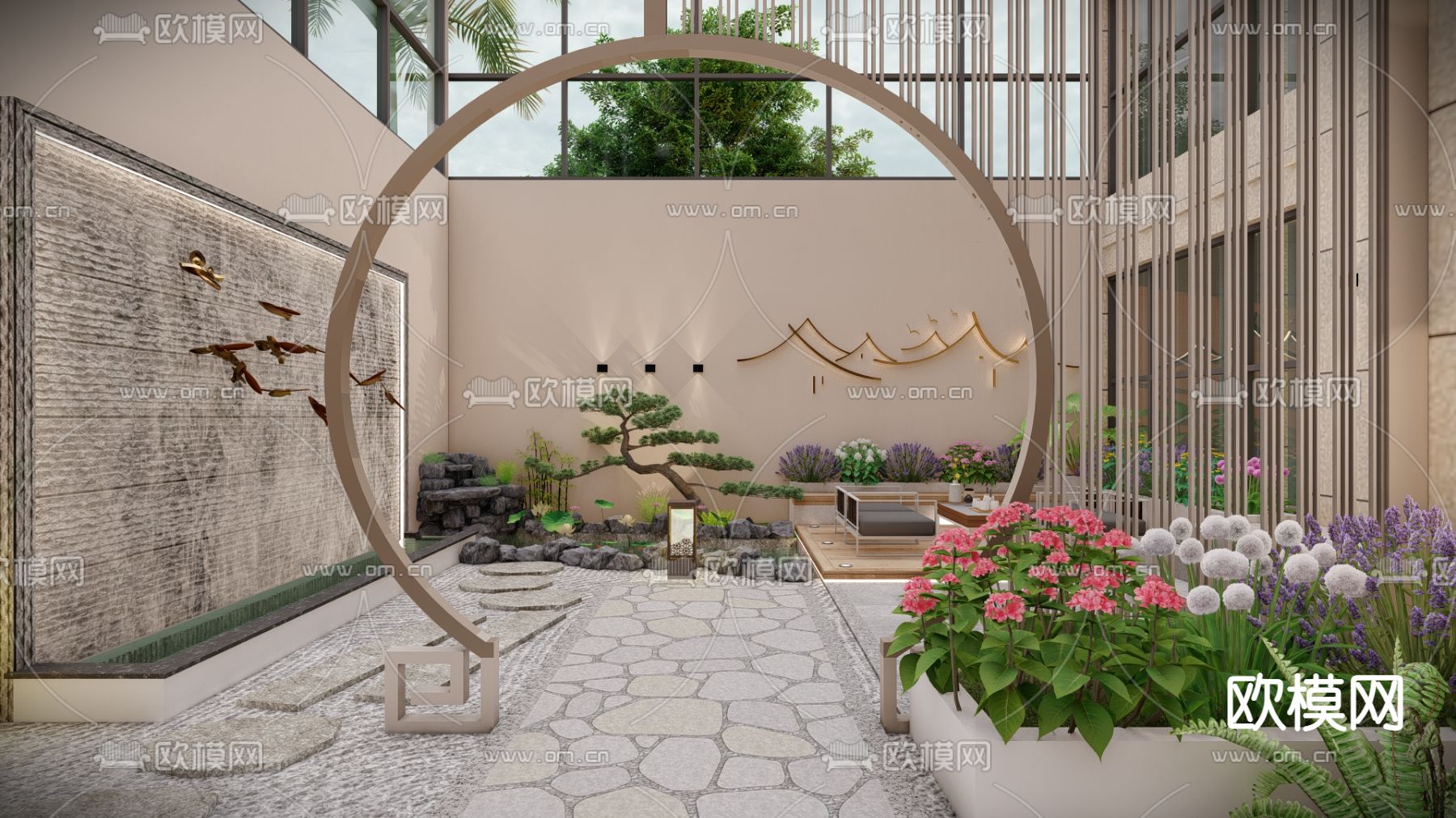 新中式阳光房庭院花园su模型下载（渲染图3）