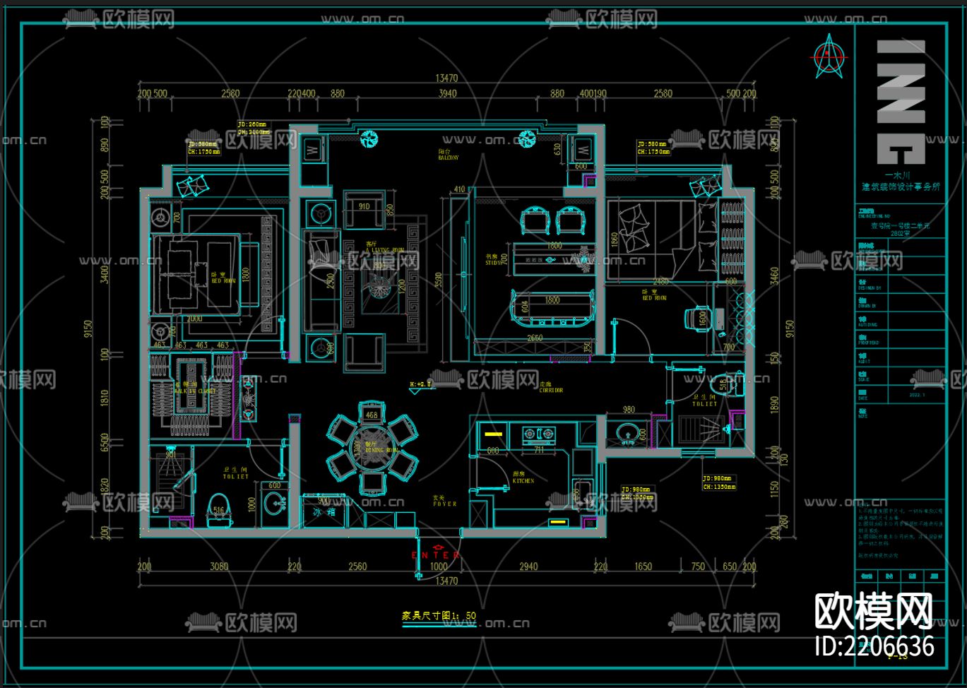 室内设计cad施工图下载（渲染图1）