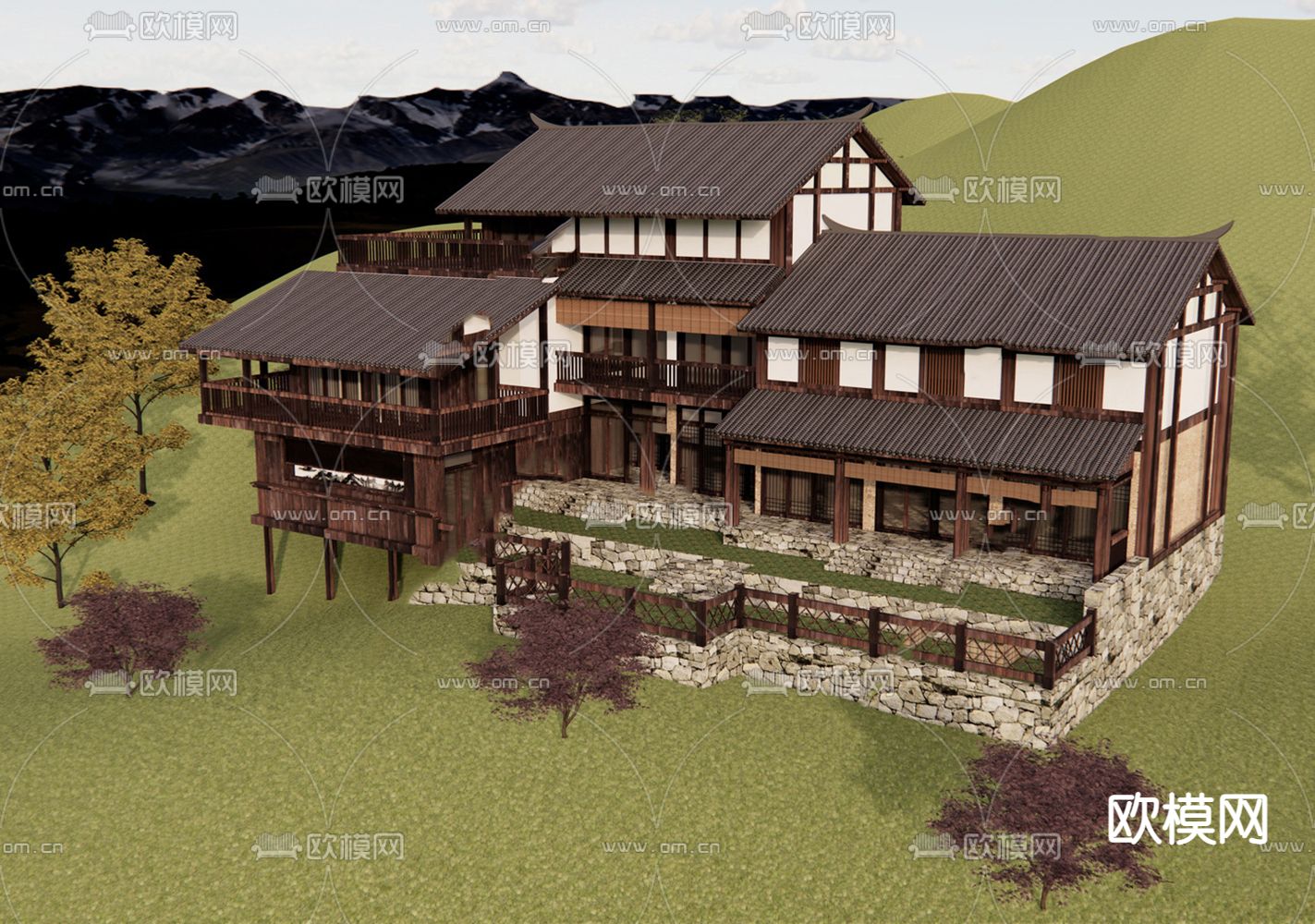 中式民宿外观su模型下载（渲染图2）