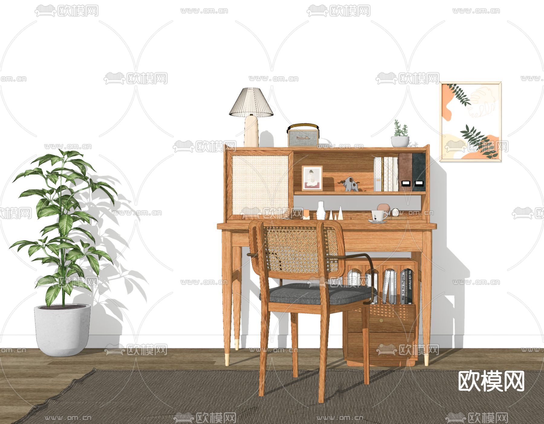 北欧原木色书桌椅su模型下载（渲染图1）