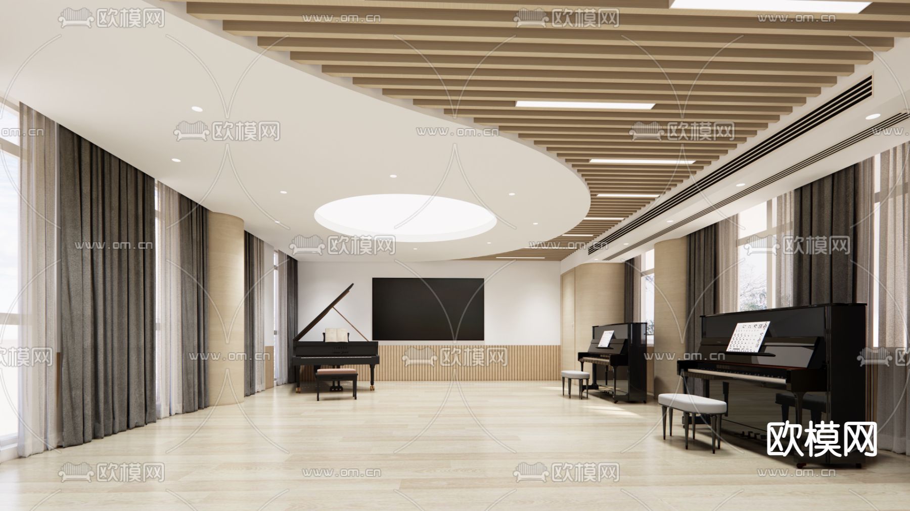 现代音乐教室钢琴室su模型下载（渲染图1）