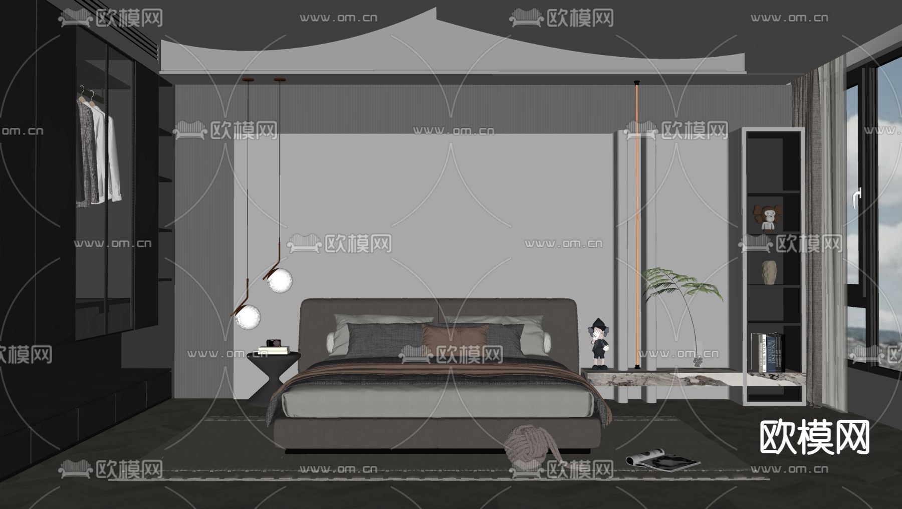 现代高级灰卧室su模型下载（渲染图2）