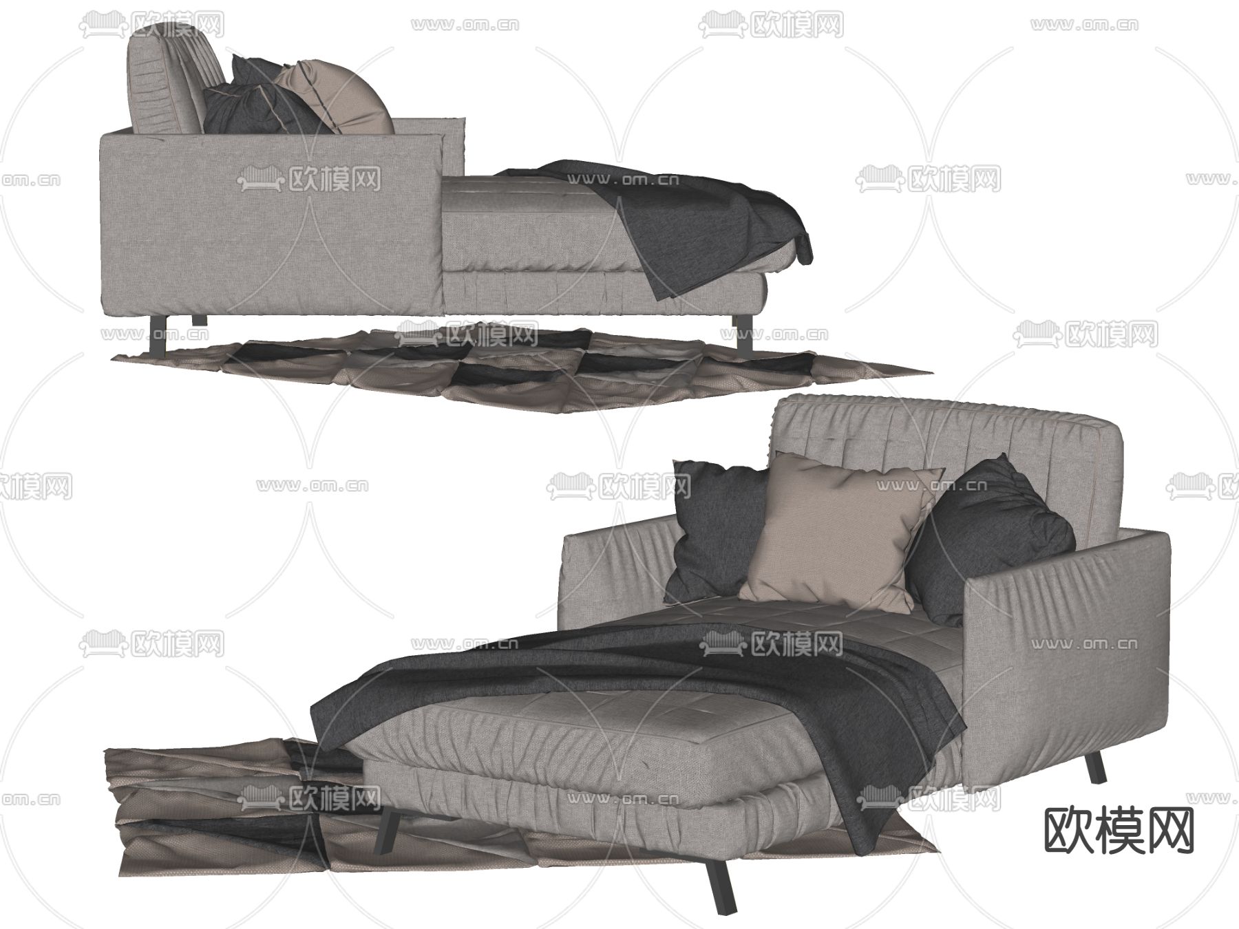 现代灰色沙发贵妃椅su模型下载（渲染图2）