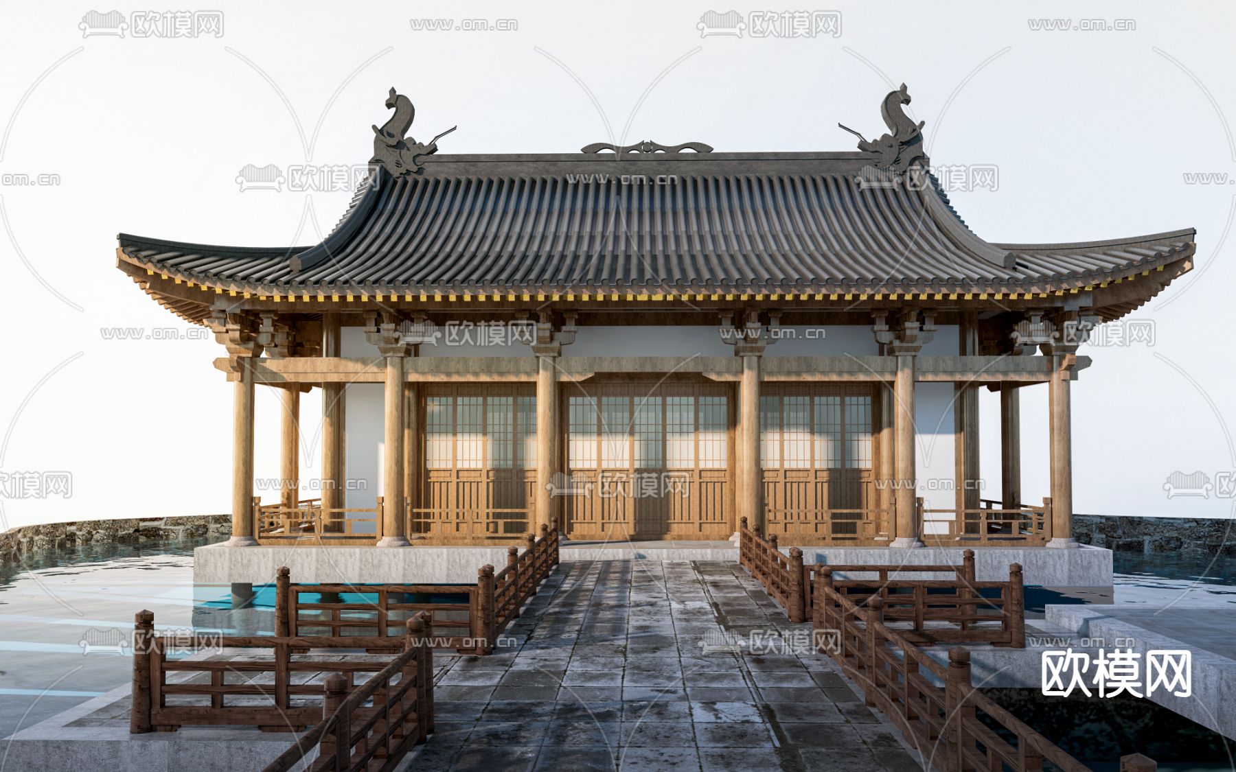 中式古建筑祠堂su模型下载（渲染图1）