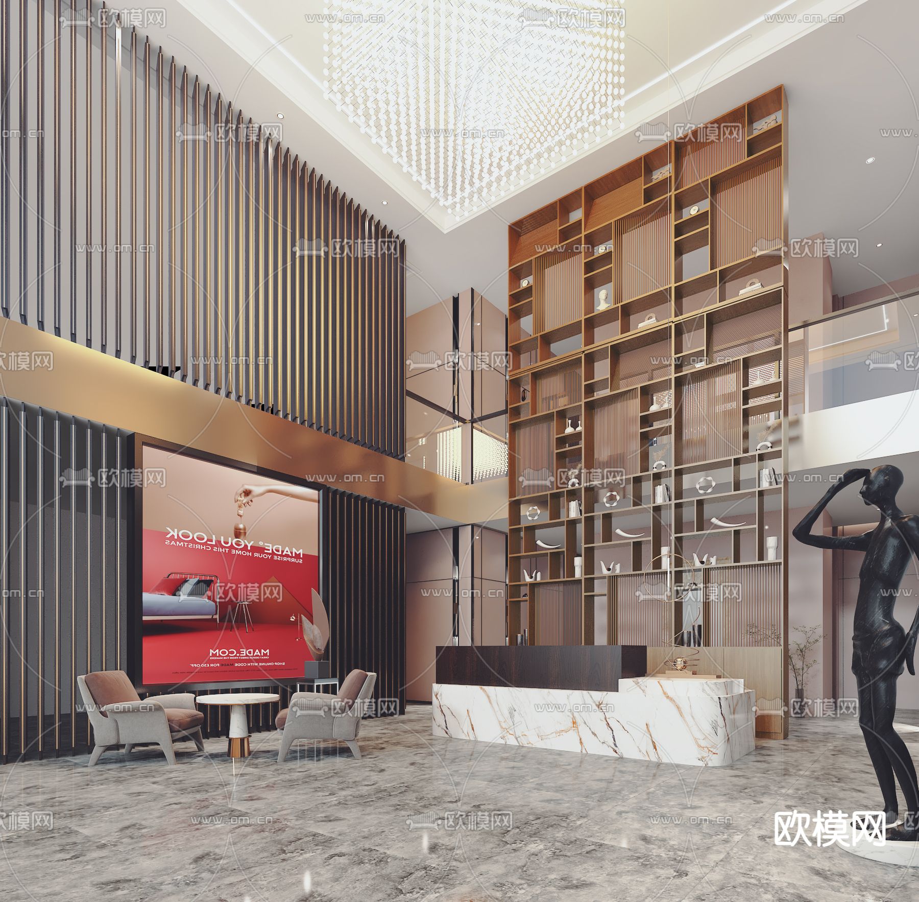 现代酒店大堂前台接待处3d模型下载_ID12039409_3dmax免费模型-欧模网