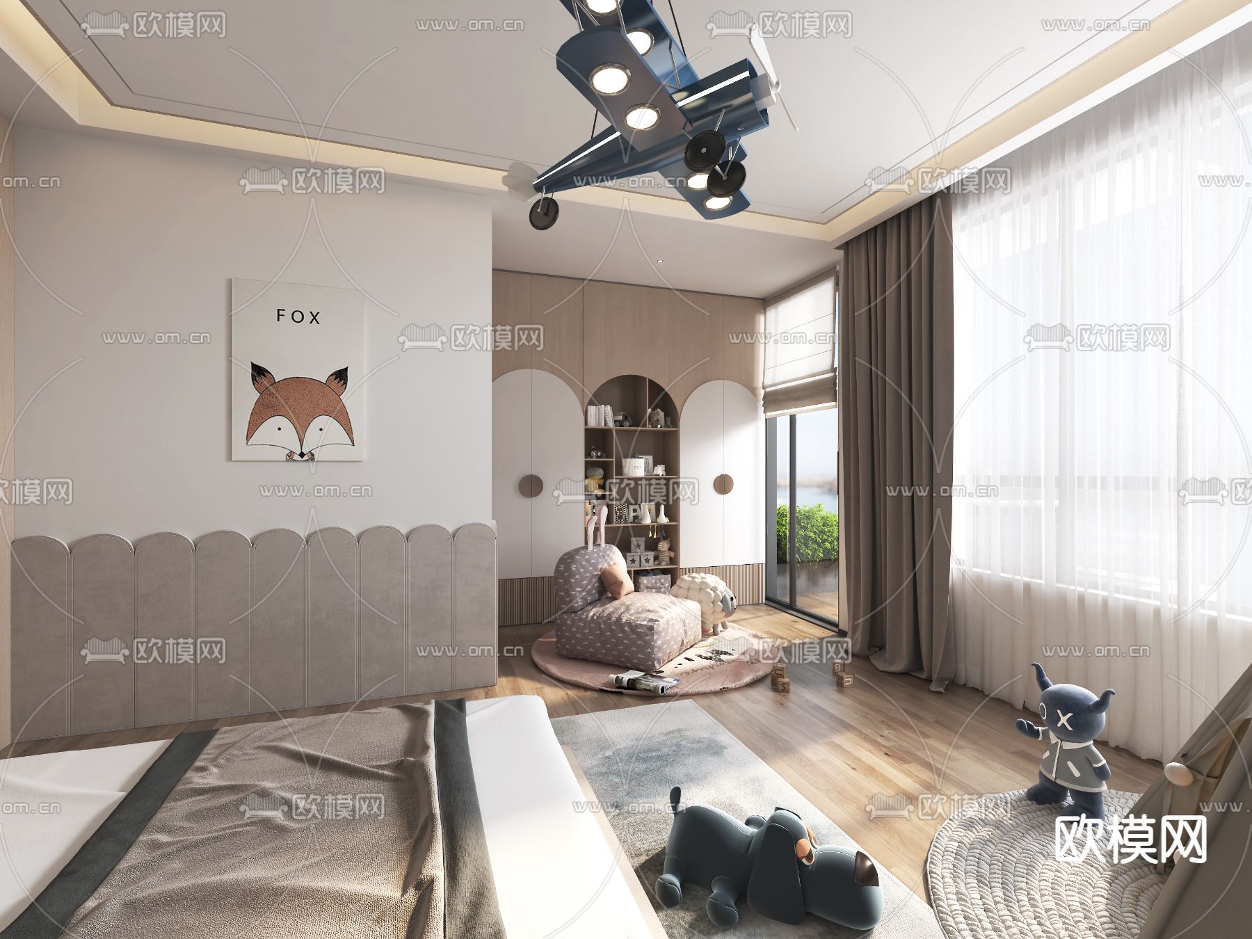 新中式榻榻米儿童房3d模型下载（渲染图2）