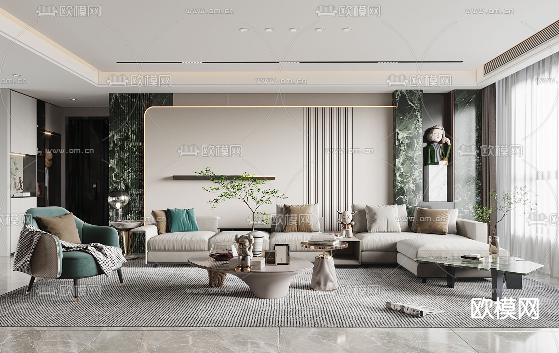 现代轻奢客厅3d模型下载（渲染图1）