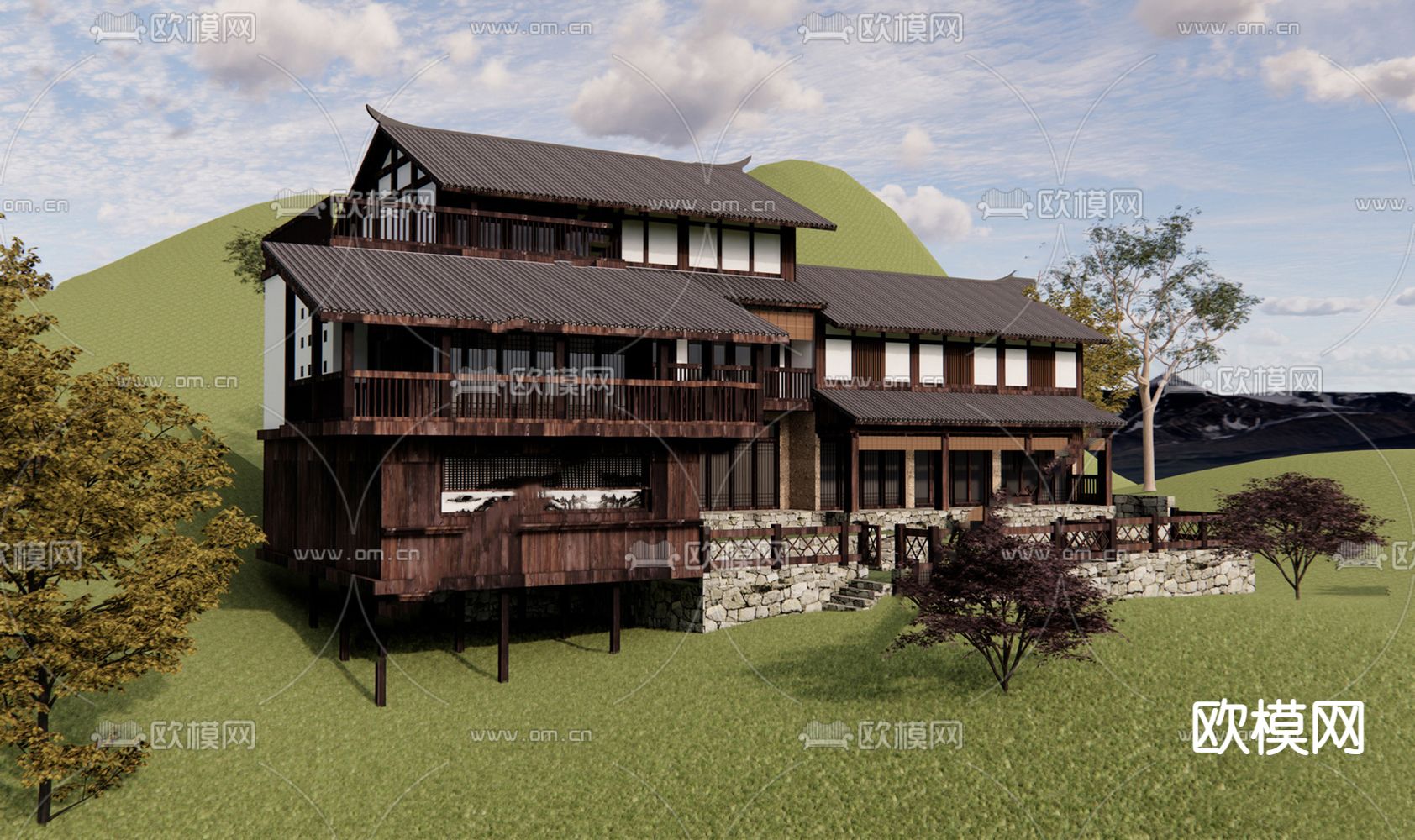 中式民宿外观su模型下载（渲染图1）