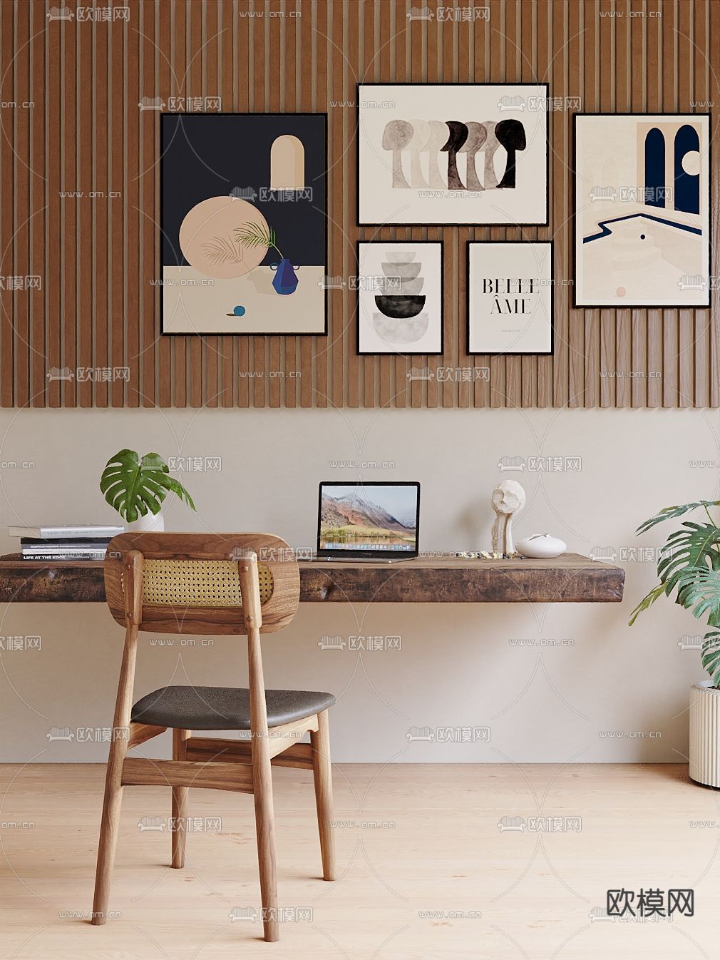 北欧实木书桌椅3d模型下载（渲染图1）