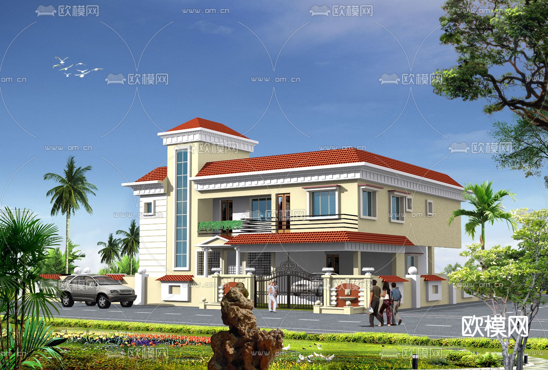 美式简约双层花园背书免费3d模型下载