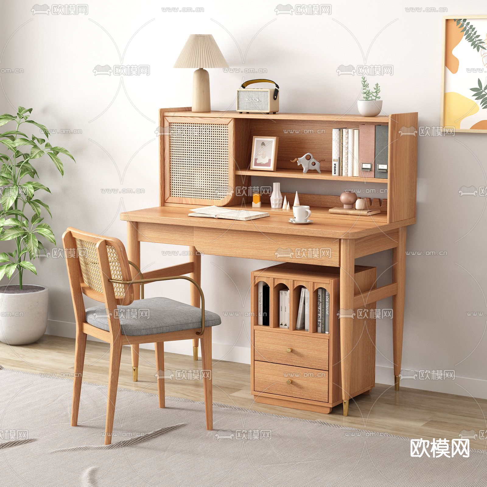 北欧原木色书桌椅su模型下载（渲染图2）