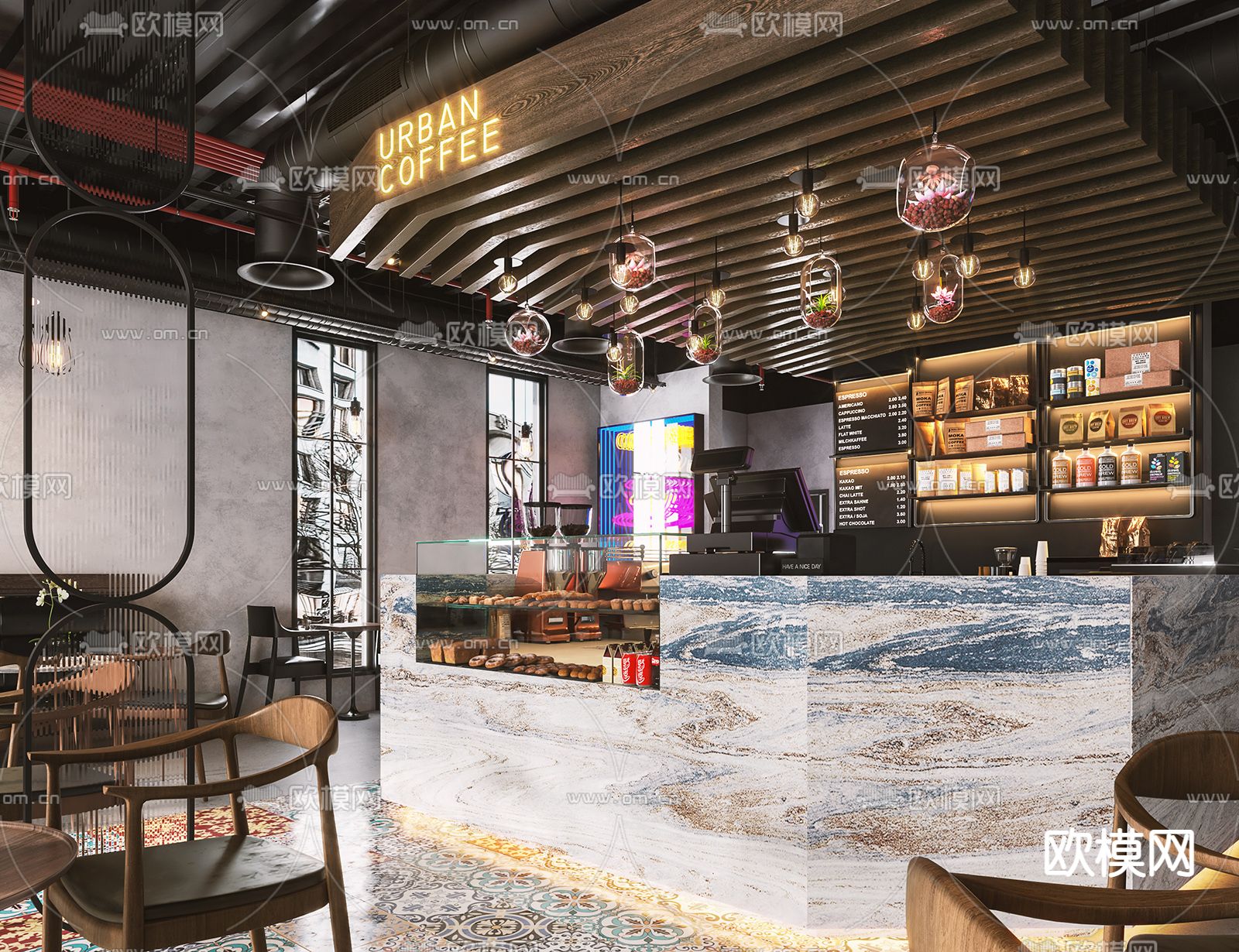工业风咖啡厅3d模型下载（渲染图2）