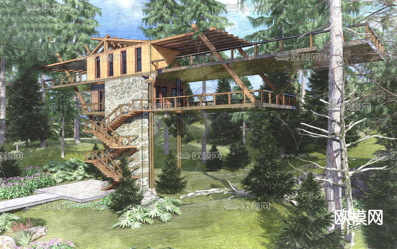 现代木屋亭子观景台su模型下载（渲染图2）
