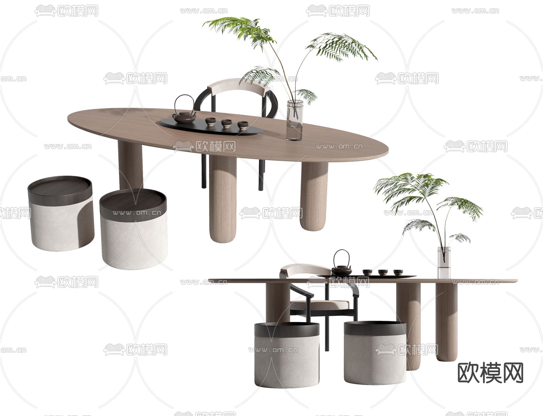 现代实木条形茶桌椅3d模型