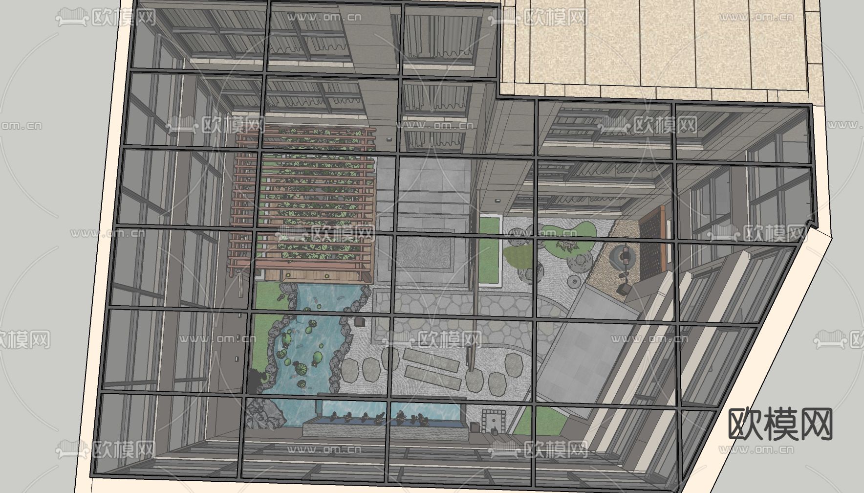 新中式阳光房庭院花园su模型下载（渲染图4）