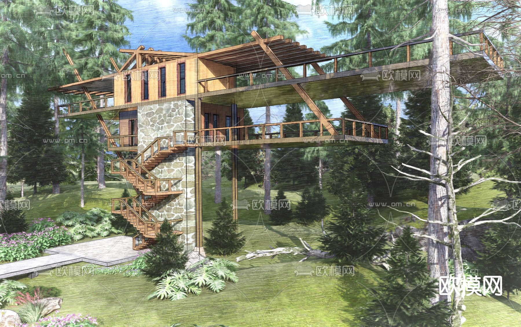 现代木屋亭子观景台su模型下载（渲染图1）