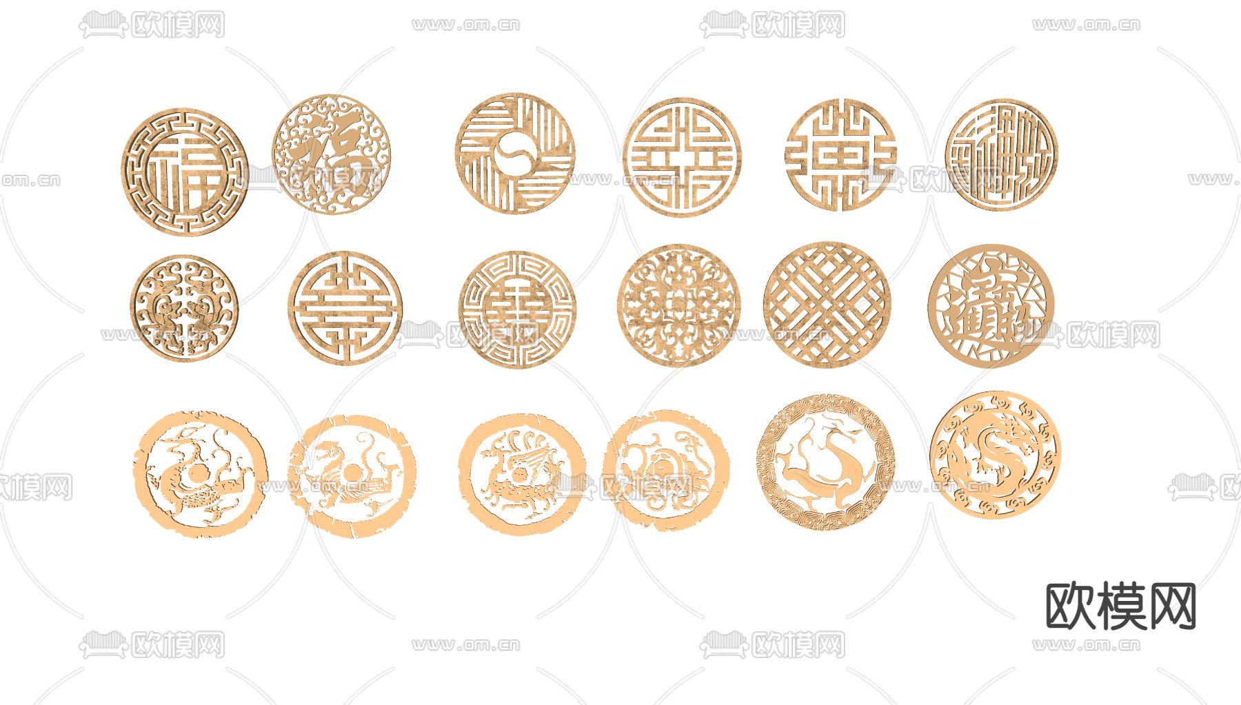 中式圆形花格镂花窗雕花构件su模型下载（渲染图1）