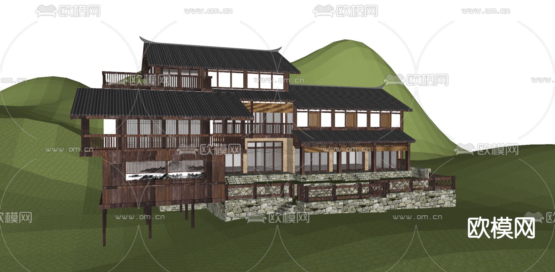 中式民宿外观su模型下载（渲染图3）