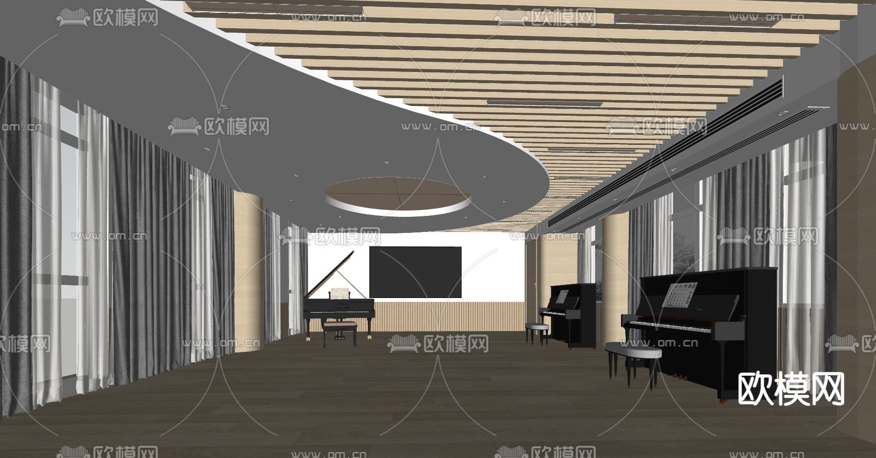 现代音乐教室钢琴室su模型下载（渲染图2）