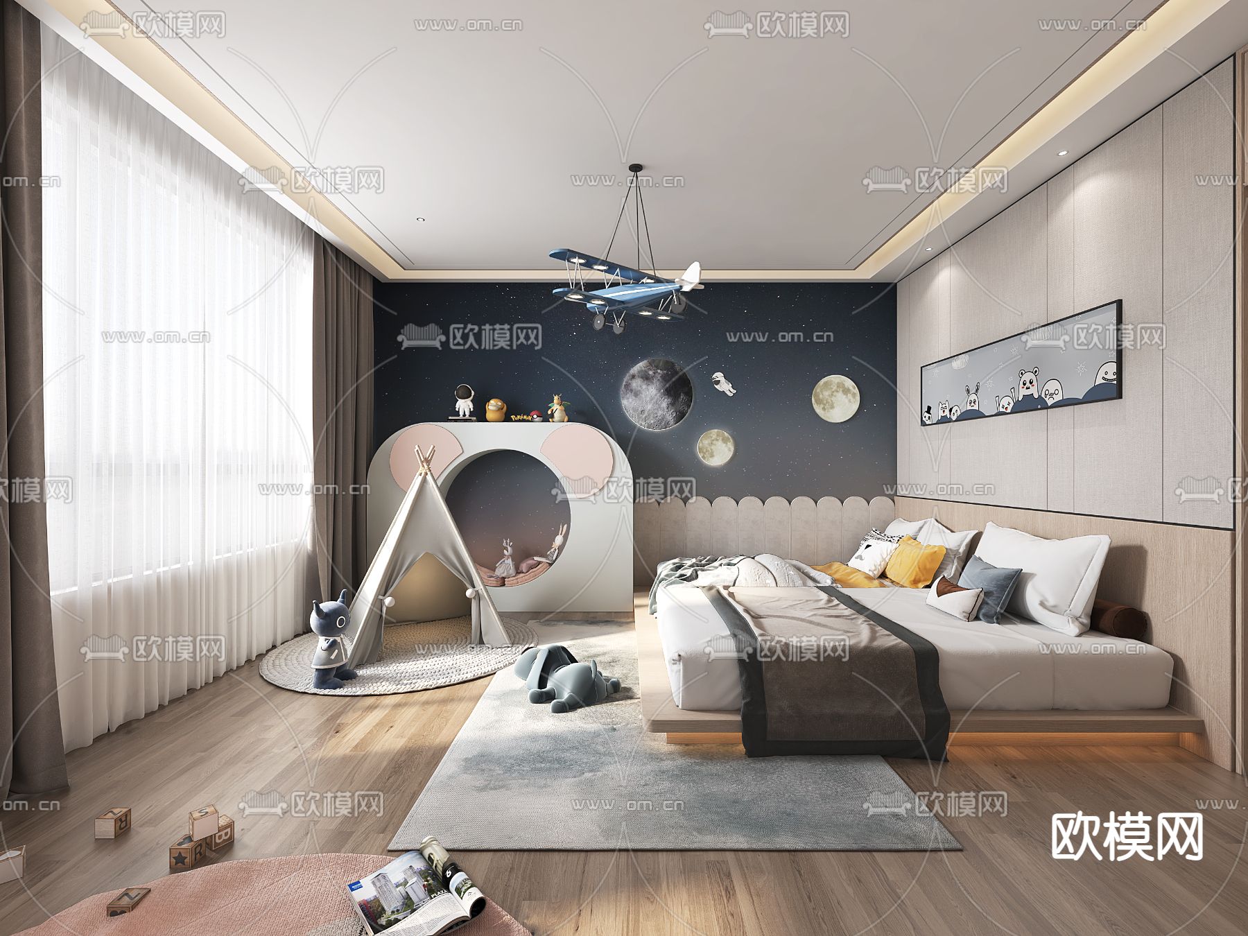新中式榻榻米儿童房3d模型下载（渲染图1）