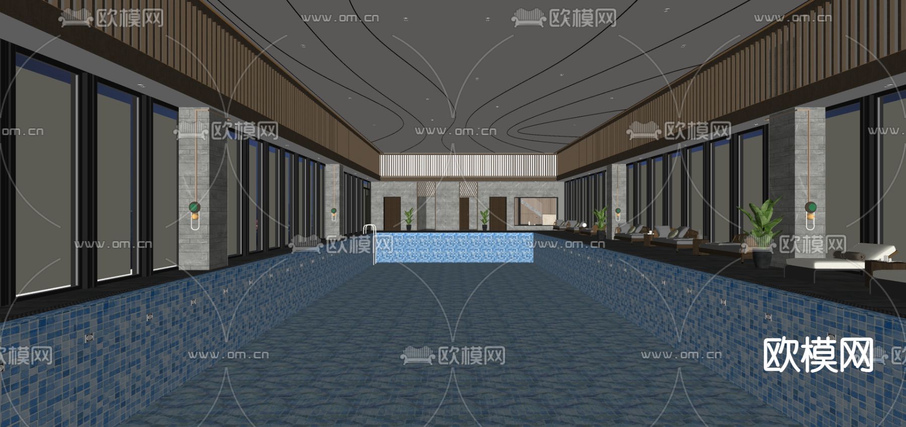现代游泳池su模型下载
