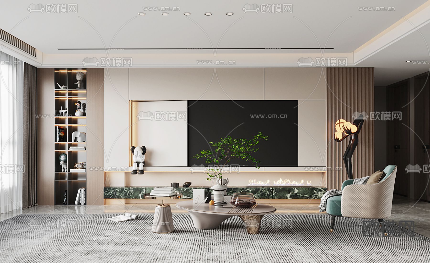 现代轻奢客厅3d模型下载（渲染图2）