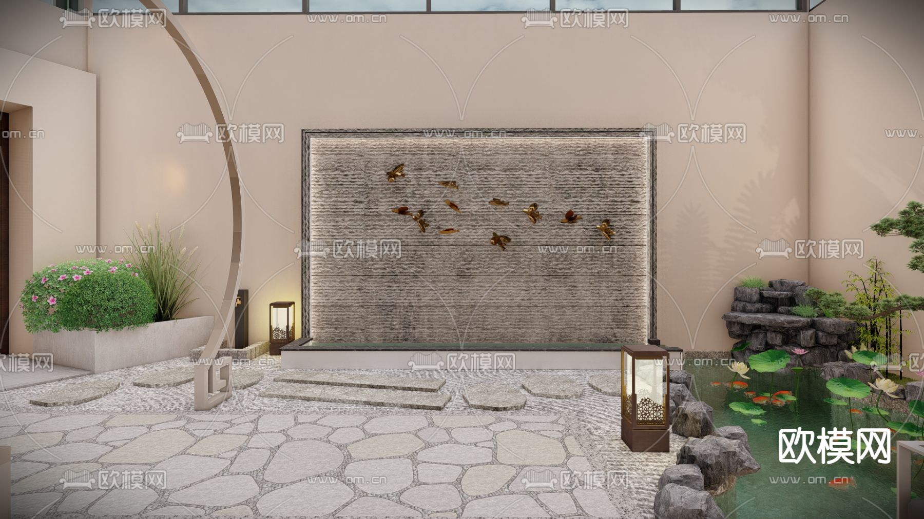 新中式阳光房庭院花园su模型下载（渲染图2）