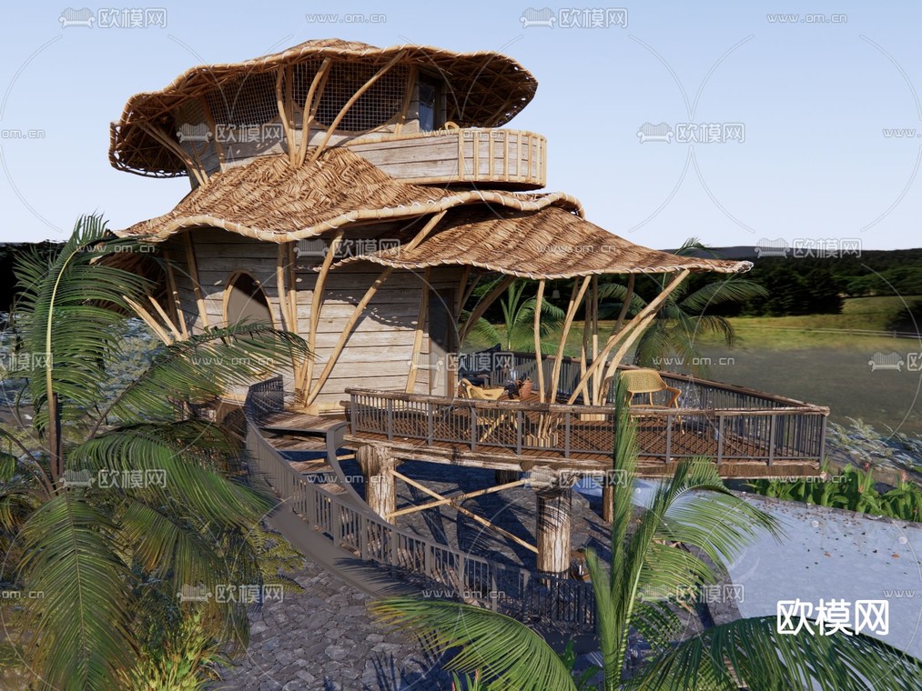 东南亚木屋民宿住宅外观su模型下载_ID12040644_sketchup模型下载-欧模网