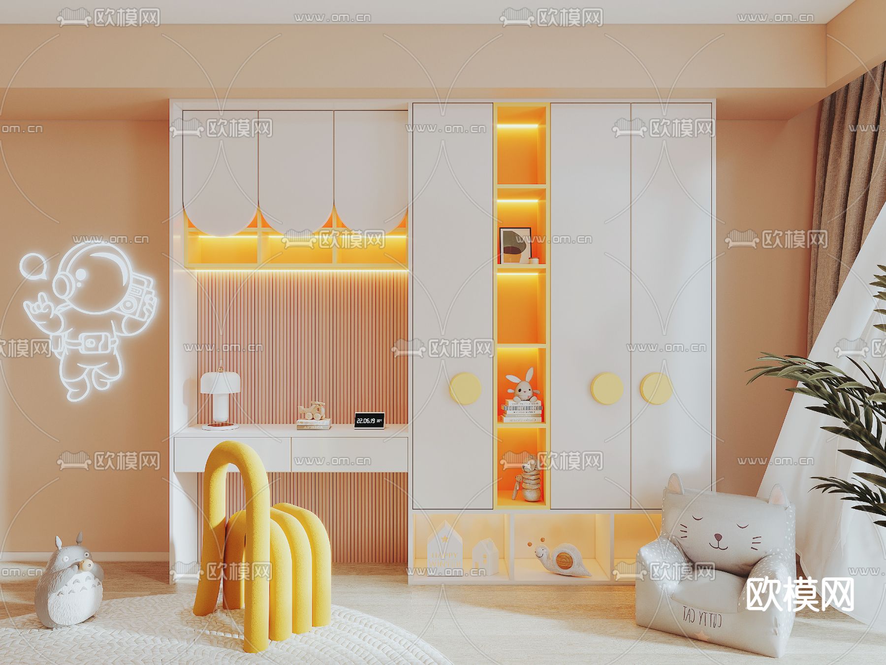 现代儿童书桌衣柜su模型下载（渲染图1）