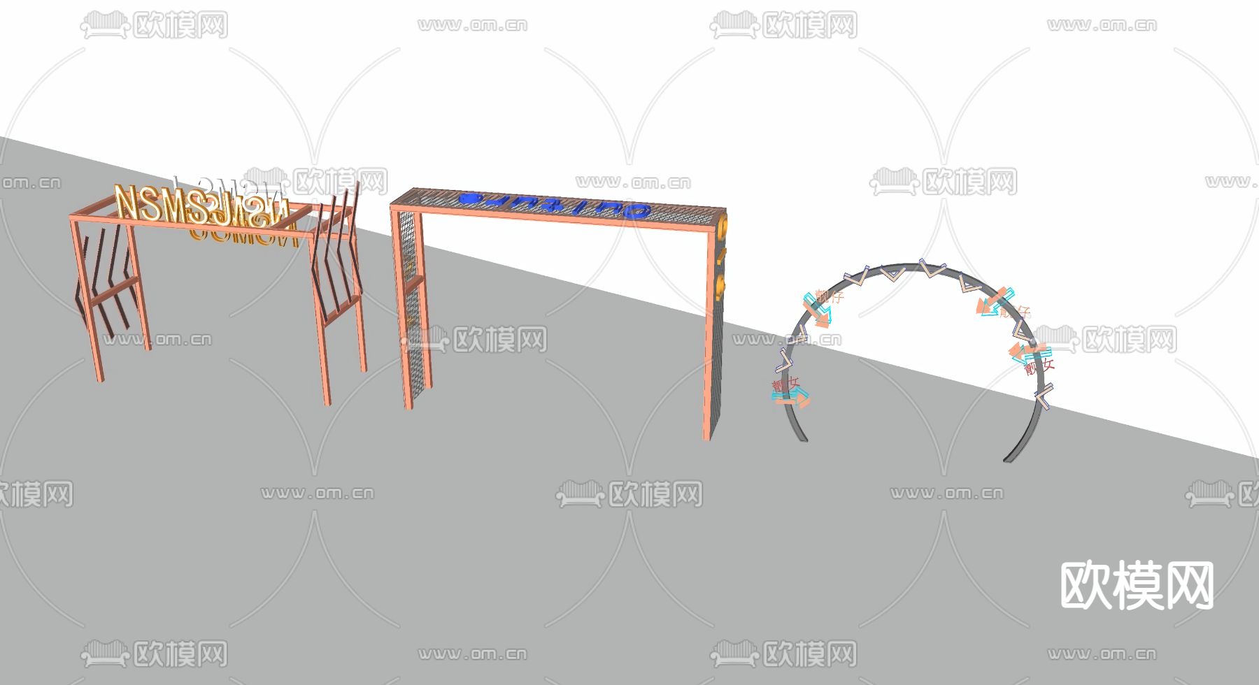 工业风廊架霓虹装饰灯su模型下载（渲染图2）