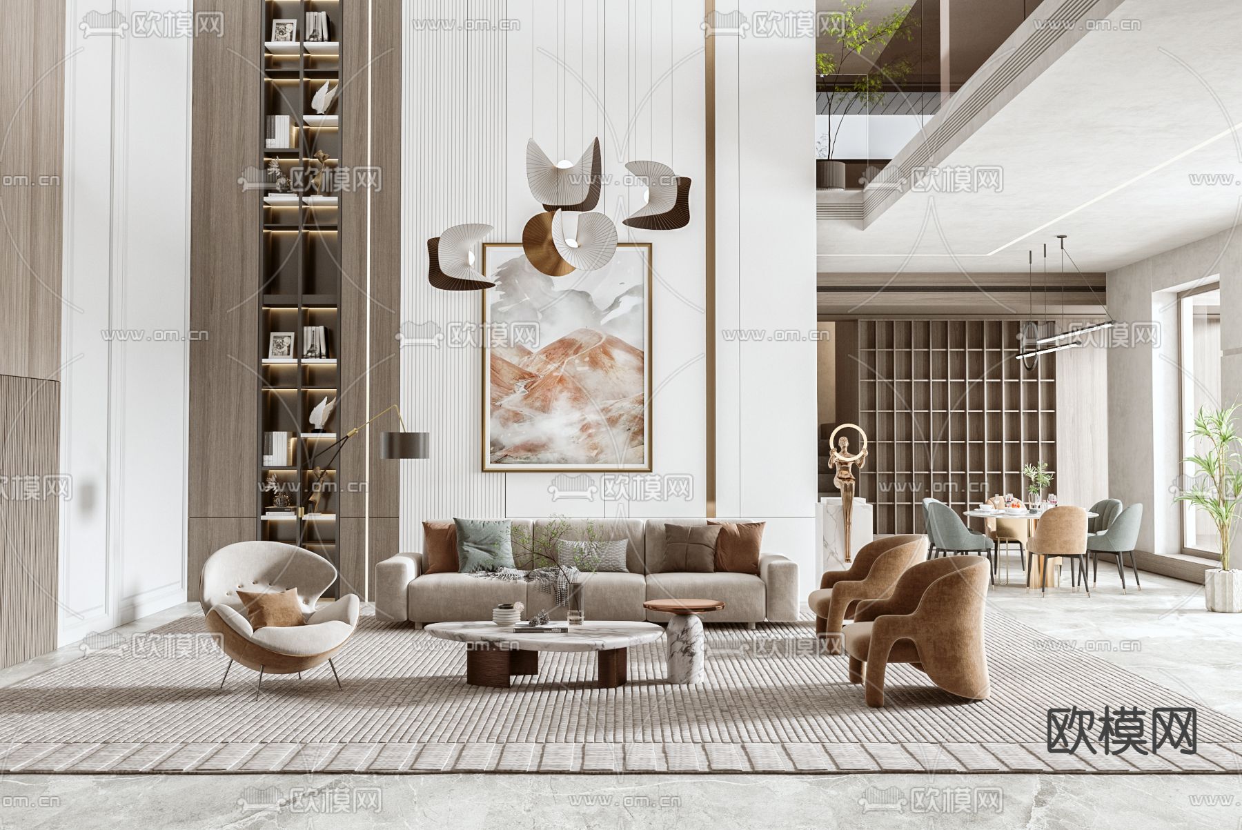 现代挑空别墅客餐厅3d模型下载